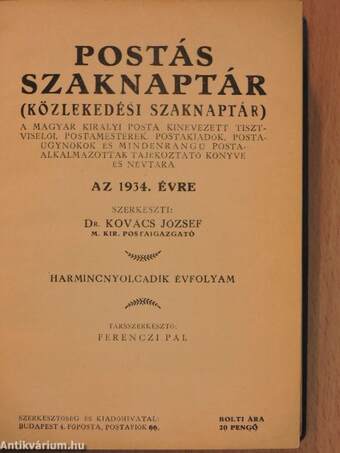 Postás szaknaptár 1934. I-II.