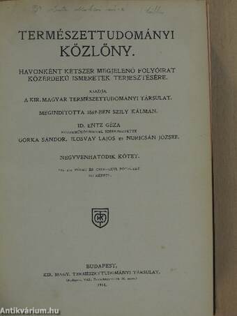 Természettudományi Közlöny 1914. január-december/Pótfüzetek a Természettudományi Közlönyhöz 1914. január-december