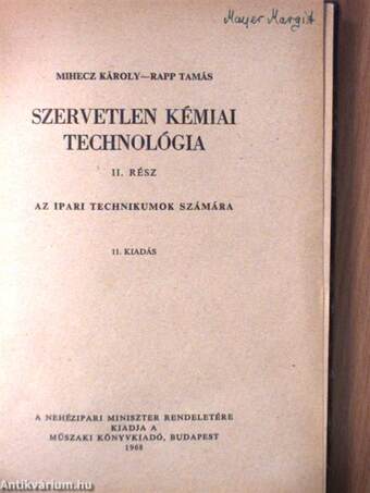 Szervetlen kémiai technológia II.