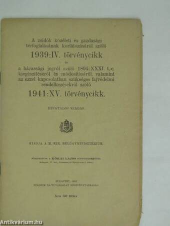 1939: IV. törvénycikk/1941: XV. törvénycikk