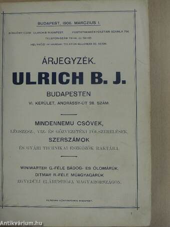 Ulrich B. J. cső-árjegyzék Budapest, 1906. márczius 1.