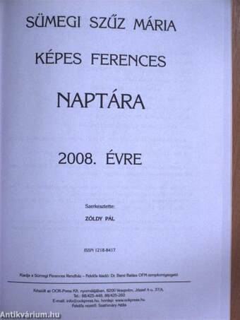 »Sümegi« Szűz Mária ferences naptára 2008. évre