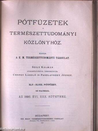 Természettudományi Közlöny 1898. január-december/Pótfüzetek a Természettudományi Közlönyhöz 1898. január-december