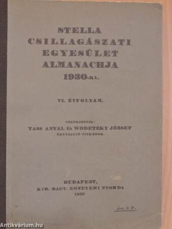 Stella Csillagászati Egyesület Almanachja 1930-ra