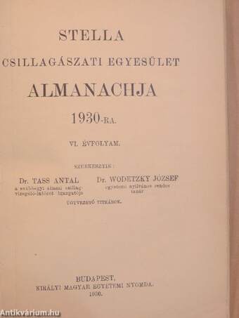 Stella Csillagászati Egyesület Almanachja 1930-ra