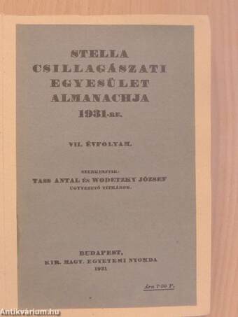 Stella Csillagászati Egyesület Almanachja 1931-re