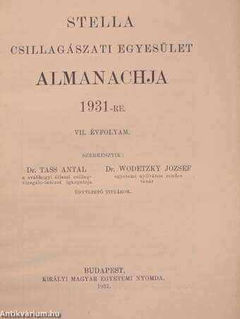 Stella Csillagászati Egyesület Almanachja 1931-re