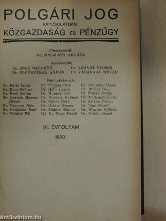 Polgári Jog 1930. január-december/Közgazdaság és Pénzügy 1930. január-december