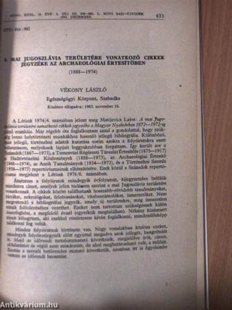 A mai Jugoszlávia területére vonatkozó cikkek jegyzéke az Archaeológiai Értesítőben 1868-1974