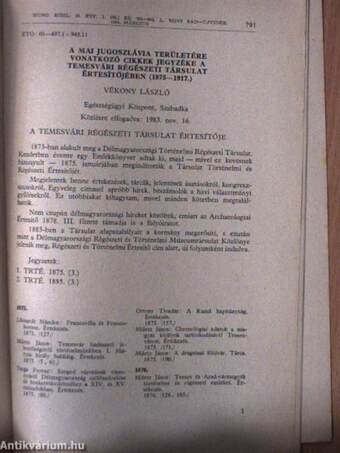 A mai Jugoszlávia területére vonatkozó cikkek jegyzéke a Temesvári Régészeti Társulat Értesítőjében 1875-1917