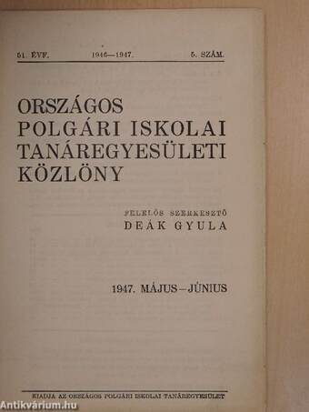 Országos Polgári Iskolai Tanáregyesületi Közlöny 1947. május-június