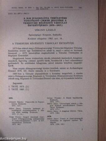 A mai Jugoszlávia területére vonatkozó cikkek jegyzéke a Temesvári Régészeti Társulat Értesítőjében 1875-1917