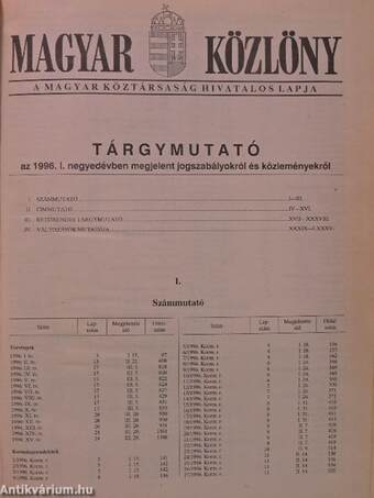 Magyar Közlöny 1996. január-december I-VI.