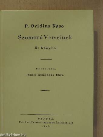 P. Ovidius Naso Szomorú Verseinek Öt Könyve