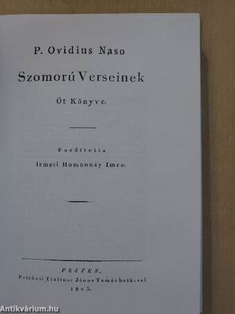 P. Ovidius Naso Szomorú Verseinek Öt Könyve