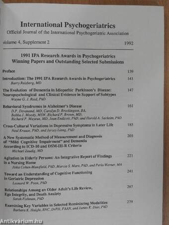 1991 IPA Research Awards In Psychogeriatrics