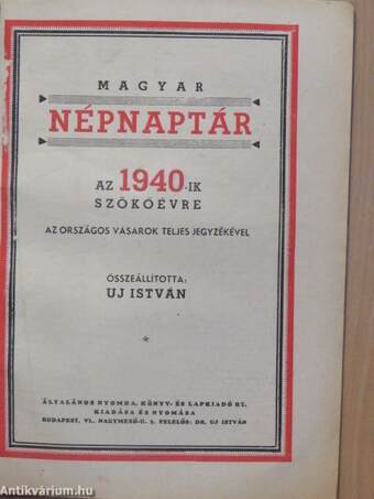 Magyar népnaptár az 1940-ik szökőévre