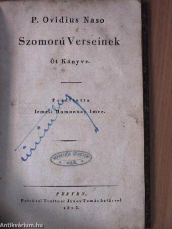 P. Ovidius Naso Szomorú Verseinek Öt Könyve