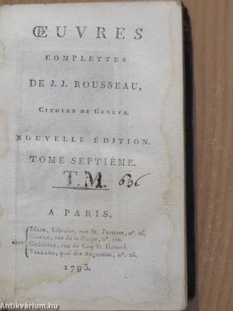 Oeuvres complettes de J. J. Rousseau VII. (töredék)