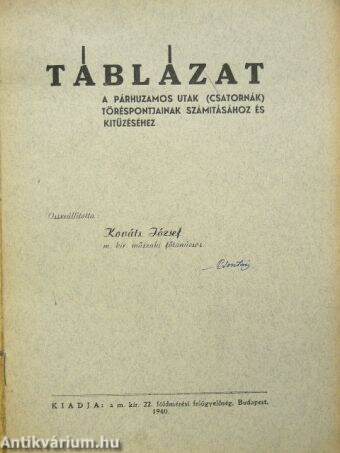 Táblázat a párhuzamos utak (csatornák) töréspontjainak számításához és kitűzéséhez