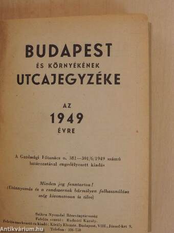 Budapest és környékének utcajegyzéke az 1949. évre