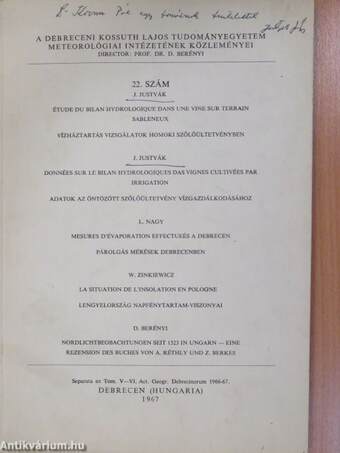 A Debreceni Kossuth Lajos Tudományegyetem Meteorológiai Intézetének közleményei 22. (dedikált példány)
