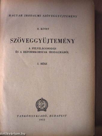 Szöveggyűjtemény a felvilágosodás és a reformkorszak irodalmából II/1.