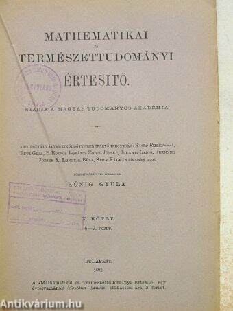 Mathematikai Természettudományi Értesítő 1892.