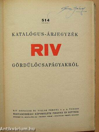 514 számú katalógus-árjegyzék RIV gördülőcsapágyakról