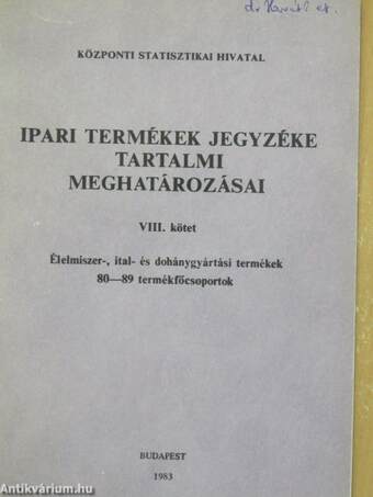 Ipari termékek jegyzéke tartalmi meghatározásai VIII.