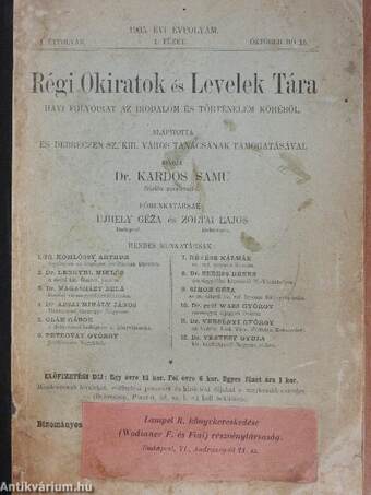 Régi Okiratok és Levelek Tára 1905. október hó 15.