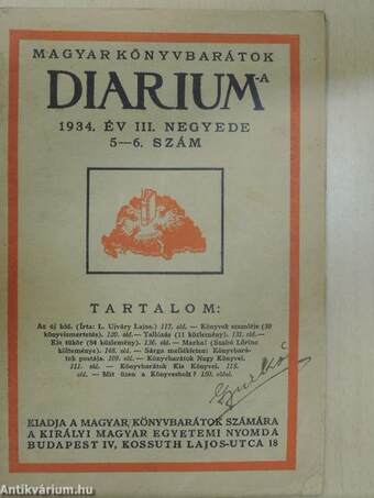 Magyar Könyvbarátok Diariuma 1934. év III. negyede