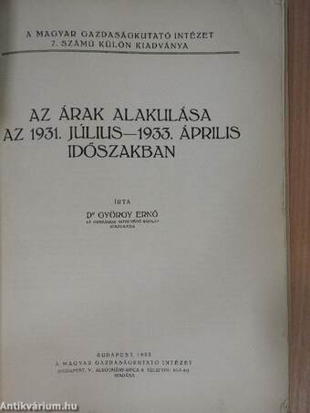 Az árak alakulása az 1931. július-1933. április időszakban