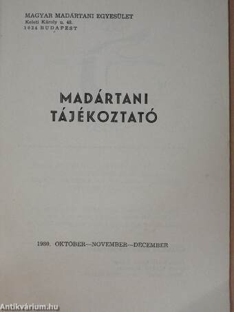 Madártani tájékoztató 1980. október-november-december