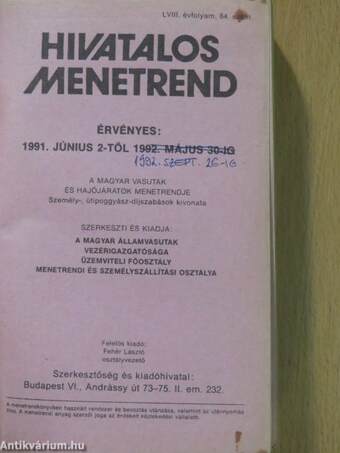 Hivatalos menetrend 1991-1992