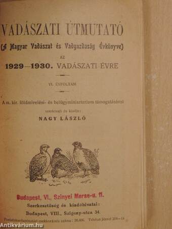 Vadászati útmutató az 1929-1930. vadászati évre