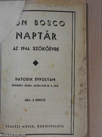 Don Bosco naptár az 1944. szökőévre