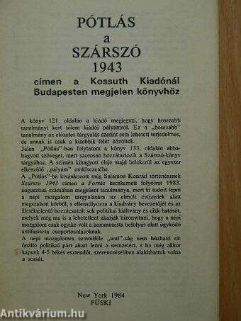 Pótlás a szárszó 1943 címen a Kossuth Kiadónál Budapesten megjelent könyvhöz
