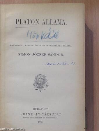 Platon Állama/Planton Sophistája/Platon Theaitetosa