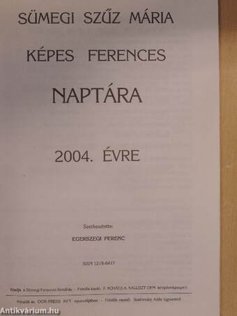 »Sümegi« Szűz Mária ferences naptára 2004. évre