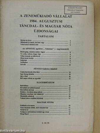 A Zeneműkiadó Vállalat 1984. augusztusi táncdal- és magyar nóta újdonságai