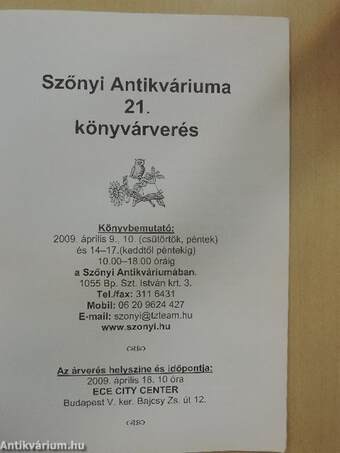 Szőnyi Antikváriuma 21. könyvárverés