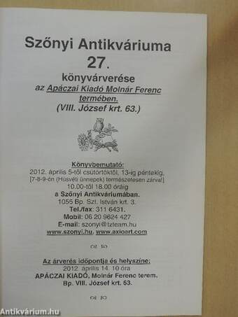 Szőnyi Antikváriuma 27. könyvárverés