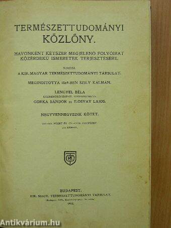 Természettudományi Közlöny 1912. január-december/Pótfüzetek a Természettudományi Közlönyhöz 1912. január-december