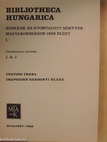 Bibliotheca Hungarica I.