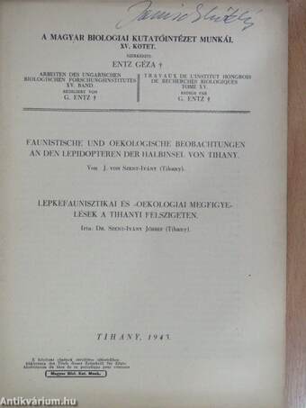 Faunistische und oekologische beobachtungen an den lepidopteren der halbinsel von Tihany