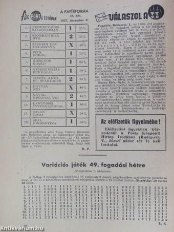 Sportfogadás 1957. december 8.