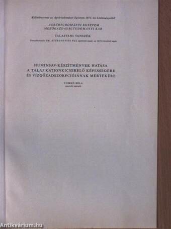 Huminsav-készítmények hatása a talaj kationkicserélő képességére és vízgőzadszorpciójának mértékére