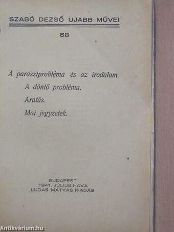 A parasztprobléma és az irodalom/A döntő probléma/Aratás/Mai jegyzetek