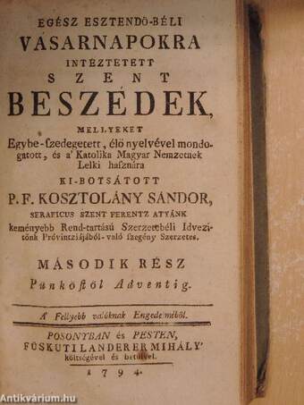 Egész esztendö-béli vásarnapokra intéztetett szent beszédek I-II.